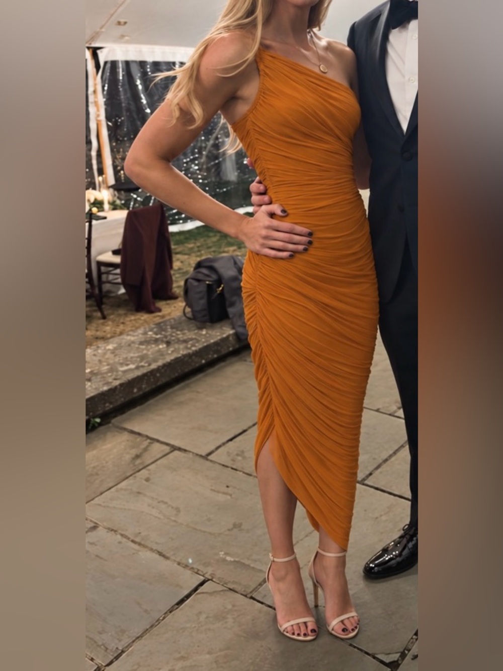 Norma Kamali Rust One-Shoulder Ruched Midi Dress